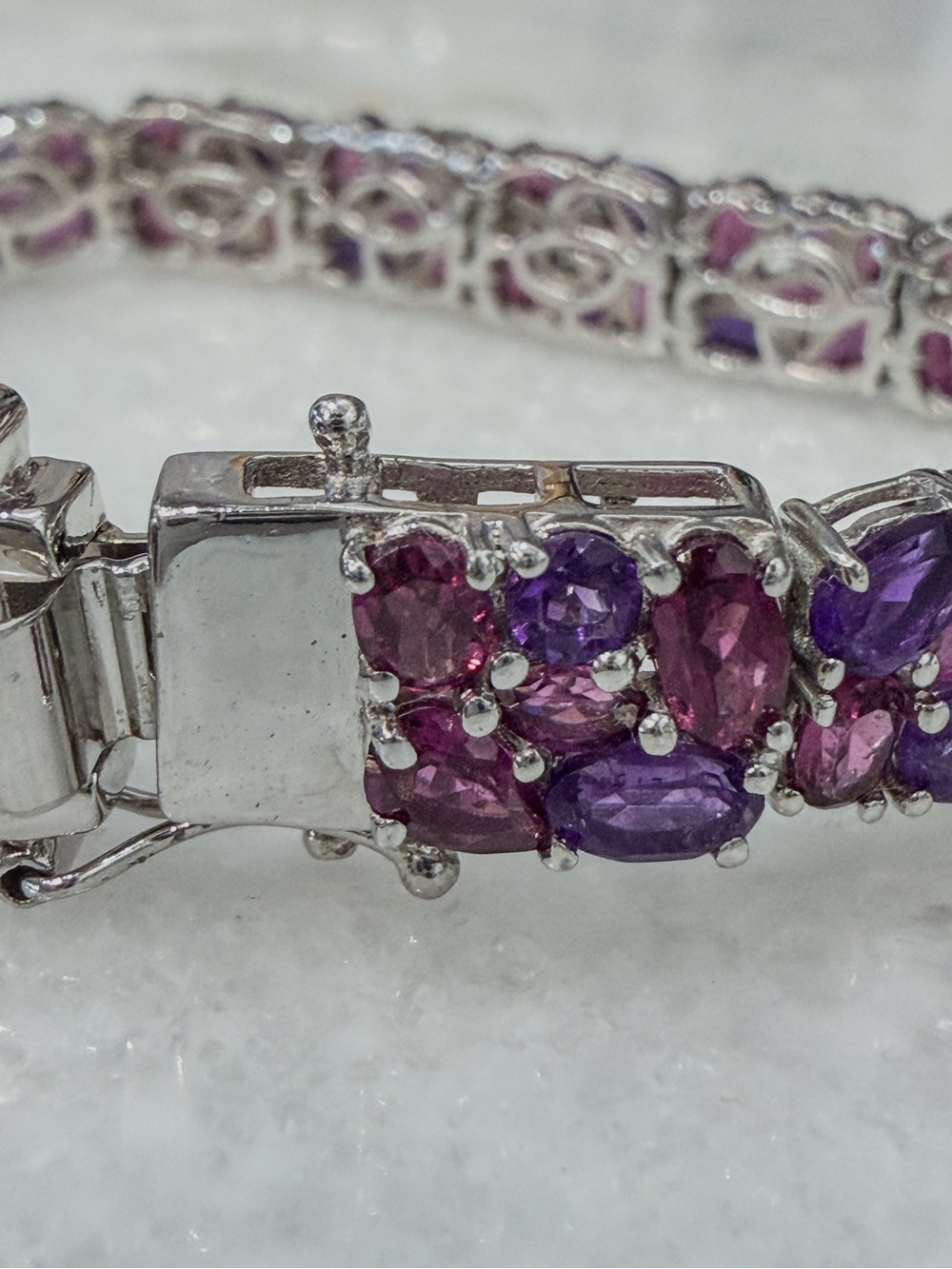 Orissa Rhodolite Garnet & Amethyst Floral Sterling Silver Wide 6.50” Bracelet - Picture 13 of 15